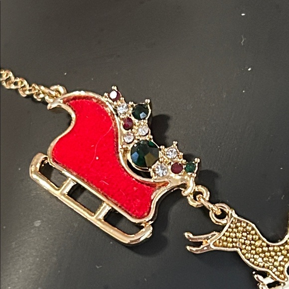 Gold Reindeer Necklace with Red Sleigh - Picture 2 of 5